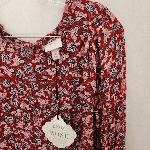 NWT Knox Rose Boho Dress Womens L Red Paisley Long Sleeve Tiered Cottagecore - Picture 3 of 9